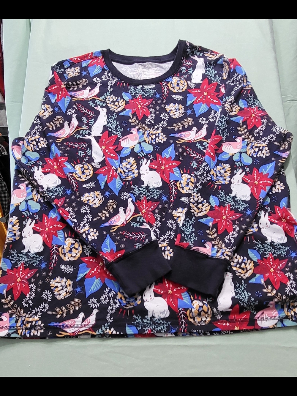 Vera Bradley Whimsigoth Cotton Navy Floral, Bunny & Bird Long Sleeve Top XL